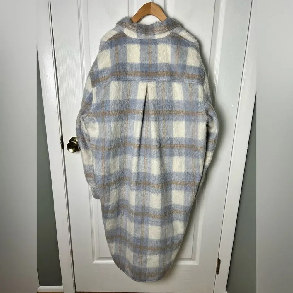 Reformation Ainslie Button Up Flannel Oversized Jacket Light Blue White Plaid L - Picture 9 of 12
